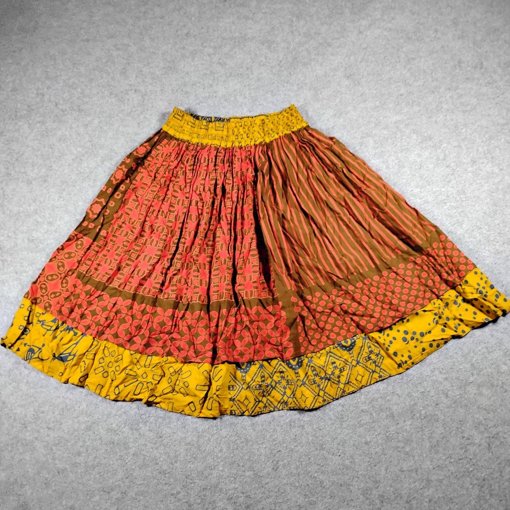 We Be Bop Rayon Patchwork Midi Skirt Elastic Waist Boho Batik Multi Color L